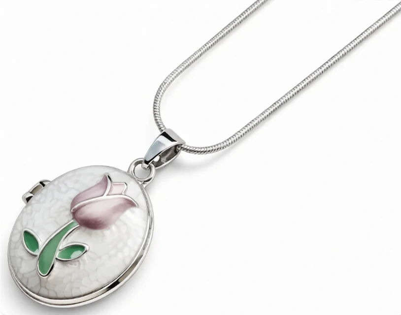 Cadena de acero quirurgico con dije relicario con tulipan blanco 40cm + 5cm